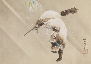 Fisherman Carrying His Net in the Snow, c. 1821 (tinta, color y gofun sobre papel) de Katsushika Hokusai