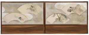 Cuatro pinturas de abanico montadas en una pantalla