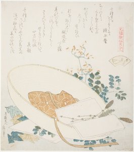 Flores recién recogidas en el sombrero de un viajero, ilustración para La concha de las mil hierbas (Chigusagai), de la serie "Un juego de emparejamiento con conchas de poemas del período Genroku (Genroku kasen kai awase)" de Katsushika Hokusai