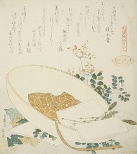 Flores recién recogidas en el sombrero de un viajero, ilustración para La concha de mil hierbas de Katsushika Hokusai