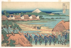 El Fuji visto a lo lejos desde el barrio de Senju (Senju kagai yori chōbō no Fuji), de la serie «Las treinta y seis vistas del monte Fuji» (Fugaku sanjūrokkei) de Katsushika Hokusai