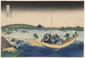 Fuji desde Ommayagashi con crepúsculo sobre el puente Ryogoku (Ommayagashi yori ryogokubashi sekiyo o miru), de la serie "Treinta y seis vistas del monte Fuji (Fugaku sanjurokkei)" de Katsushika Hokusai