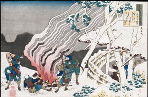 Cazadores junto a un fuego en la nieve, de la serie "Cien poemas contados por la nodriza", publicado c.1835 de Katsushika Hokusai