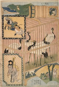 Jaula Japonesa y Grullas de Manchuria, de un set Publicidad de Pajas Gigantes en una Feria de Atracción de Katsushika Hokusai