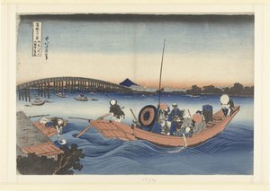 Ver el atardecer en el puente Ryogoku desde Onmaya Bank Onmayagashi yori Ryogokubashi no sekiyo o miru (título sobre objeto) 36 vistas del monte Fuji (título de la serie) Fugaku sanjurokkei (título de la serie sobre el objeto) de Katsushika Hokusai