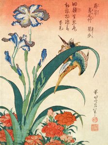 Martín pescador, iris y claveles, pub. por Nishimura Eijudo, c.1832, uno de un conjunto de diez impresiones de Katsushika Hokusai