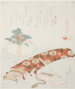 Koto y ofrenda de Año Nuevo, ilustración para La concha de la playa de Akoya (Akoyagai), de la serie "Un juego de emparejamiento con conchas de poemas del período Genroku (Genroku kasen kai awase)" de Katsushika Hokusai
