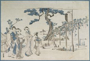 Damas visitando los jardines de glicinas en Kameido de Katsushika Hokusai