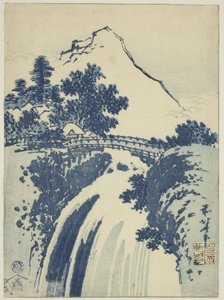 Paisaje con cascada, de una serie sin título de impresiones chuban de Katsushika Hokusai
