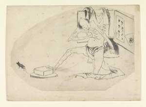 Hombre en taparrabos, una caja y un ratón. de Katsushika Hokusai