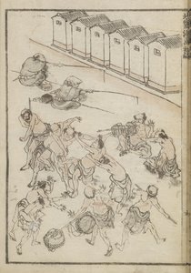 Hombres luchando y pescando (xilografía) de Katsushika Hokusai
