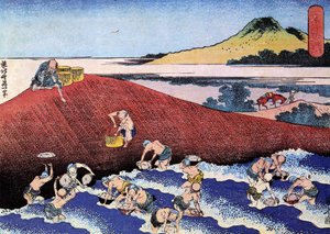 Mil vistas al océano, Japón: pescadores en la orilla. (Impresión de Katsushika Hokusai