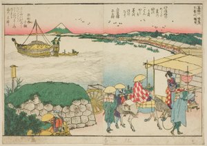 Páginas del libro ilustrado "Vistas Panorámicas a lo Largo de las Orillas del Río Sumida (Ehon Sumidagawa ryogan ichiran)" de Katsushika Hokusai