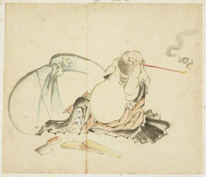 Hotei sentado fumando una pipa de Katsushika Hokusai