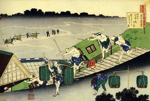 Serie de cien poemas de cien poetas: ""Fujiwara no Michinobu Ason"" Pequeñas cabañas de sedán - Impresión de Katsushika Hokusai (1760-1849) (escuela ukiyo-e) alrededor de 1830 State Hermitage San Petersburgo