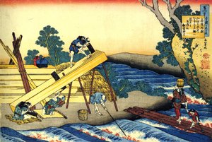 Serie de cent poetes de cent poetes: "" Harumichi no Tsuraki "" Charpentiers au travail --Estampe de Katsushika Hokusai (1760-1849) (ecole ukiyo-e) vers 1830 State Hermitage Saint Petersbourg