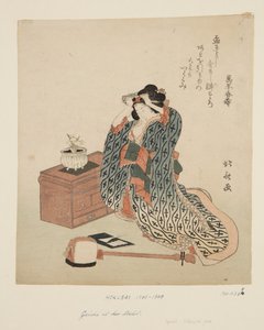 Tocadora de shamisen ajustando su cabello de Katsushika Hokusai