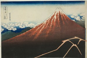 Lluvia bajo la cumbre (Sanka hakuu), de la serie "Treinta y seis vistas del monte Fuji (Fugaku sanjurokkei)"