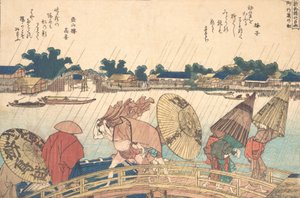 Lluvia en el nuevo puente Yanagi de Katsushika Hokusai