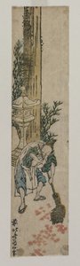 Asistente del santuario rastrillando hojas de arce, c. 1830 o principios de 1830s de Katsushika Hokusai