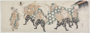 Seis dioses masculinos realizando la danza del león, 1797-1819 de Katsushika Hokusai