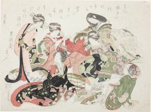 Seis mujeres sentadas alrededor de una jaula de pájaros de Katsushika Hokusai