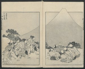Deslizándose hacia abajo a la izquierda, La apertura de Fuji a la derecha de Cien vistas del monte Fuji, 1834 de Katsushika Hokusai