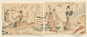 Snowy Morning: Dos mujeres caminan en un jardín cubierto de nieve en snow-geta con un paraguas; L: Mujer joven toca el koto y mira a su madre de Katsushika Hokusai