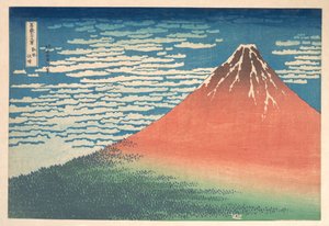 «Viento del sur, cielo despejado» (Gaifū kaisei), también conocida como «El Fuji rojo», de la serie «Las treinta y seis vistas del monte Fuji» (Fugaku sanjūrokkei) de Katsushika Hokusai
