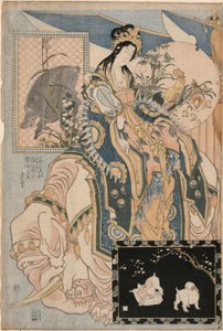 Tang Lady sobre un elefante blanco, de un conjunto publicitario de obras de paja gigantes en una atracción de feria de Katsushika Hokusai