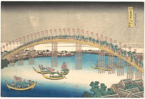 El puente Tenman en la provincia de Settsu (Sesshū Tenmanbashi), de la serie «Vistas destacadas de puentes en diversas provincias» (Shokoku meikyō kiran) de Katsushika Hokusai
