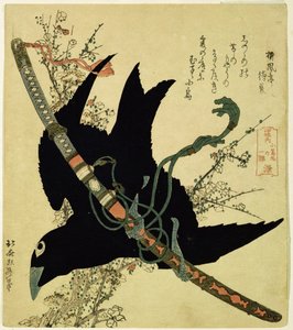 El pequeño cuervo con la espada del clan Minamoto, c.1823 (xilografía en color) de Katsushika Hokusai