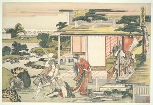 La liga leal de los cuarenta y siete R?nin (Ch?shingura), Acto VII: Escena de la casa de té. Ich iriki Heiyemon arrastrando al espía Kuday? de Katsushika Hokusai