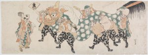 Los siete dioses de la buena suerte en la danza del león de Katsushika Hokusai
