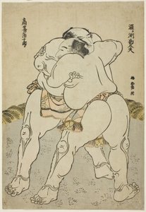 Los luchadores de sumo Uzugafuchi Kandayu y Takasaki Ichijuro de Katsushika Hokusai