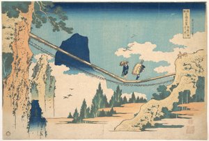 El puente colgante en la frontera entre las provincias de Hida y Etchū (Hietsu no sakai tsuribashi), de la serie «Vistas destacadas de puentes en diversas provincias» (Shokoku meikyō kiran) de Katsushika Hokusai