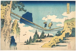 El puente colgante en la frontera entre las provincias de Hida y Etchū (Hietsu no sakai tsuribashi), de la serie «Vistas destacadas de puentes en diversas provincias» (Shokoku meikyō kiran) de Katsushika Hokusai