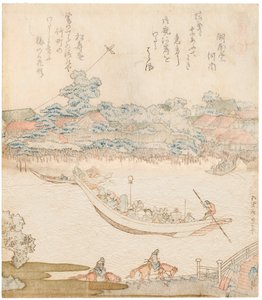 Las orillas del río Sumida, Komatomeishi. Tríptico de la serie Umazukushi, parte central de Katsushika Hokusai