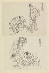 Dos escenas escénicas, una con un hombre y una mujer y otra con un hombre y una mujer zorro de Katsushika Hokusai
