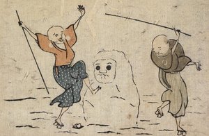 Dos Hombres Ciegos y Muñeco de Nieve de Katsushika Hokusai