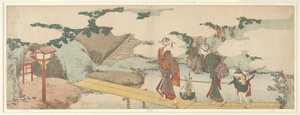 Dos mujeres y un niño en el paseo marítimo de Katsushika Hokusai