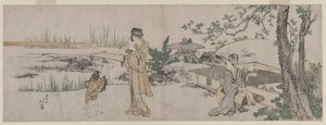 Dos mujeres y un niño junto a un tanque de peces dorados de Katsushika Hokusai