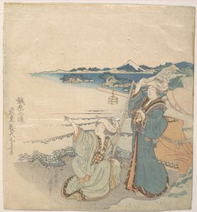 Dos jóvenes en la orilla; una de ellas señala de Katsushika Hokusai