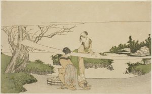 Dos mujeres estirando tela de Katsushika Hokusai