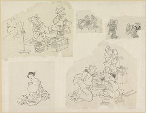Cinco representaciones de personas en diferentes situaciones. de Katsushika Hokusai