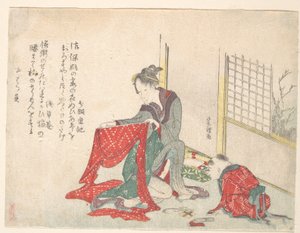 Mujer doblando ropa de Katsushika Hokusai