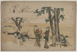 Mujer pasando por una tienda al borde del camino cerca de Oji de Katsushika Hokusai