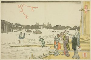 Mujeres y niños viendo los fuegos artificiales de Katsushika Hokusai