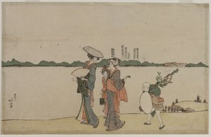 Mujeres y niños caminando a lo largo del río Sumida de Katsushika Hokusai