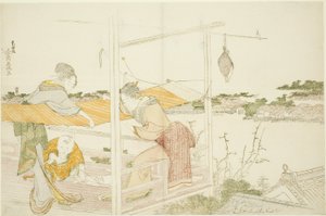 Mujeres en una veranda estirando tela para secar de Katsushika Hokusai